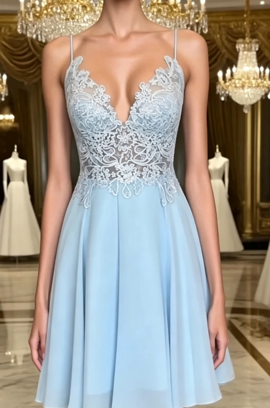 Unique Homecoming Dress Spaghetti Strap V Neck Tulle Applique Back to School Outfits Party Dress  D7665