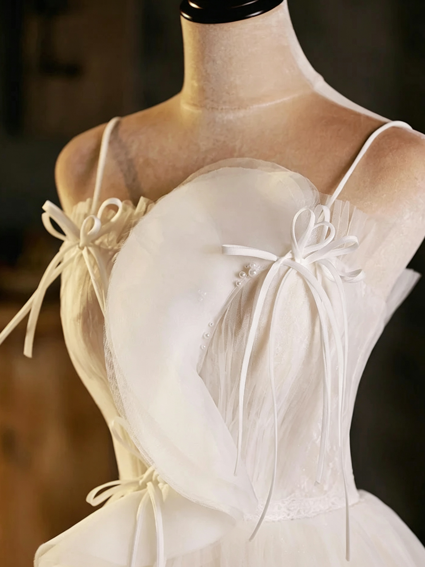 Unique Homecoming Dress Spaghetti Strap Tulle Bowknot Pearl Back to School Outfits Party Dress  D7676