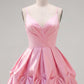 Unique Homecoming Dress Spaghetti Strap V Neck Pleated A-Line Back to School Outfits Party Dress D7774