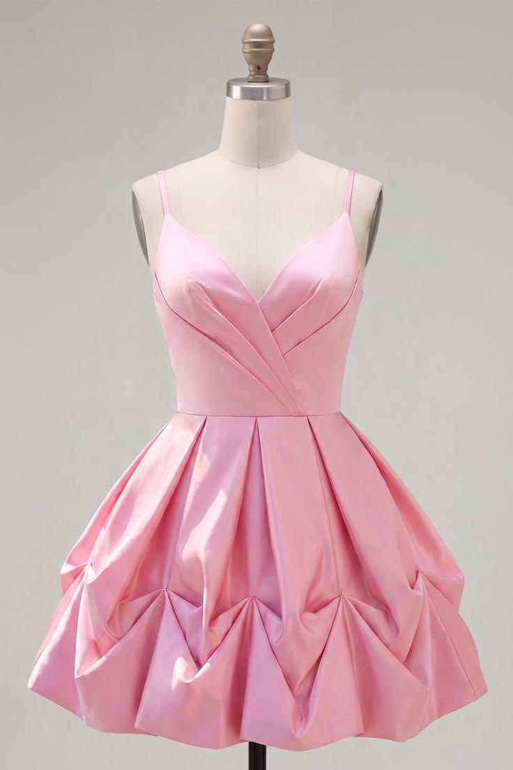 Unique Homecoming Dress Spaghetti Strap V Neck Pleated A-Line Back to School Outfits Party Dress D7774