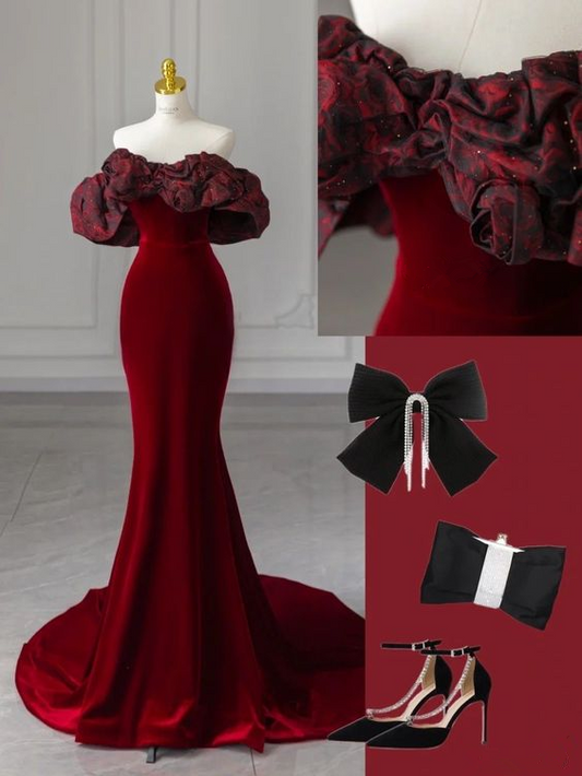 Charmantes rotes schulterfreies Meerjungfrau-Kleid aus Samt, lang, formelles Partykleid MD7415