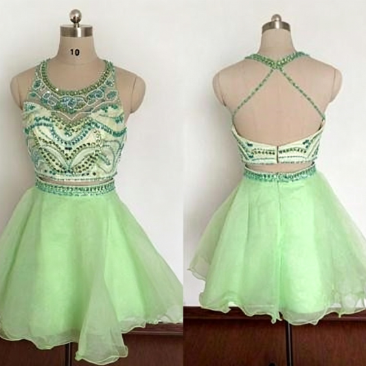 Lovely Homecoming Dress Jewel Bead Backless Two Pieces Tulle Rinestone Back to School Outfits Party Dress D7520