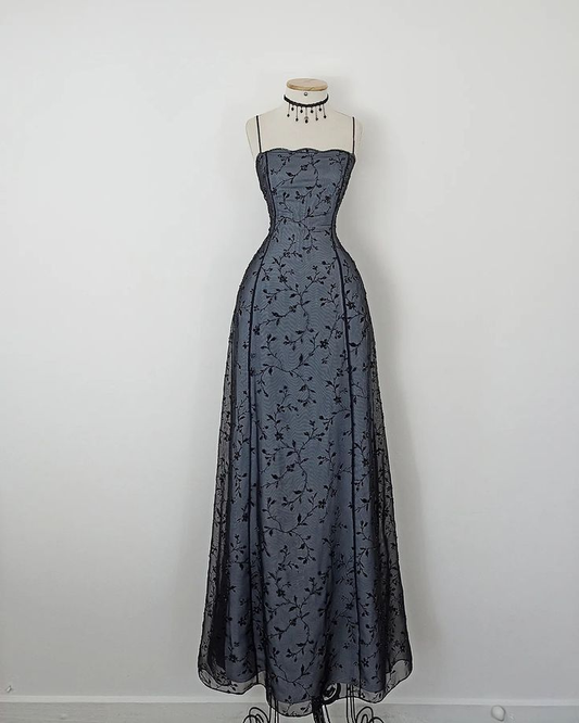 Dusty Blue Spaghetti Straps A-Line Vintage Long Evening Party Dresses, D1236