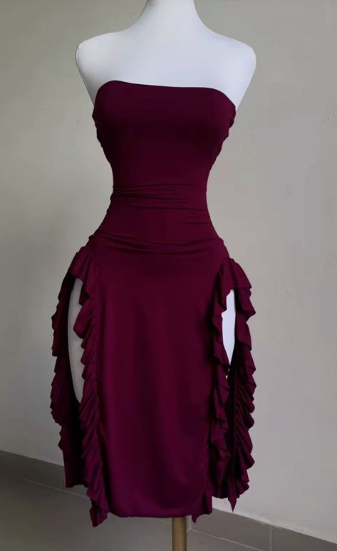 Burgundy Strapless Sheath Ruffles Midi Length Evening Party Dress MD7419