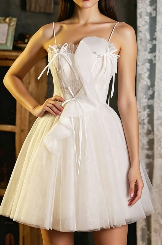 Unique Homecoming Dress Spaghetti Strap Tulle Bowknot Pearl Back to School Outfits Party Dress  D7676