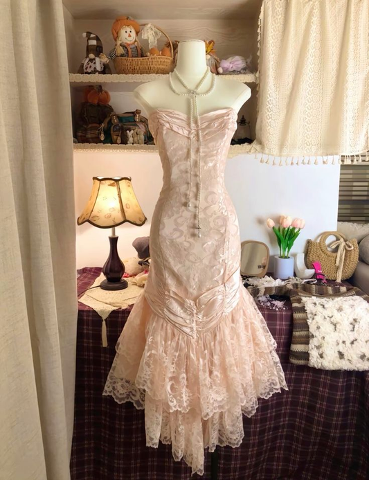 Pink Strapless Mermaid Lace Vintage Long Evening Party Dresses, D1175