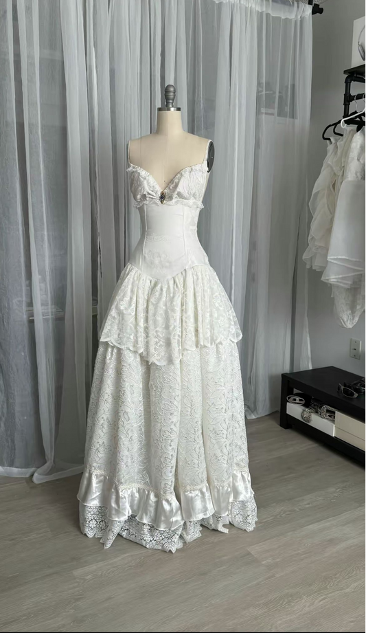 White Spaghetti Straps A-Line Lace Long Party Dress Vintage Wedding Dress, D990