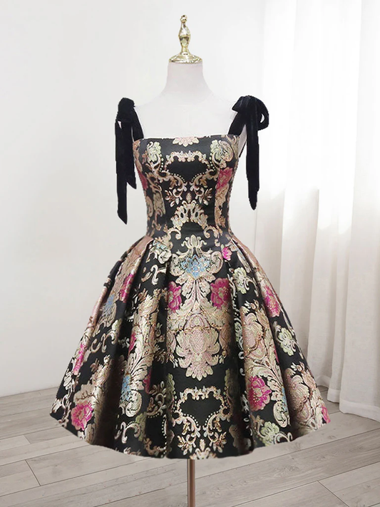 Vintage Floral Applique Spaghetti Strap Design A-line Satin Party Dress Homecoming Dress D1557