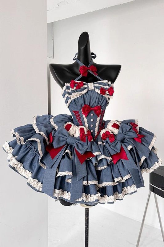 Unique Homecoming Dress Halter Cascade Bowknot Back to School Outfits Party Dress  D7722