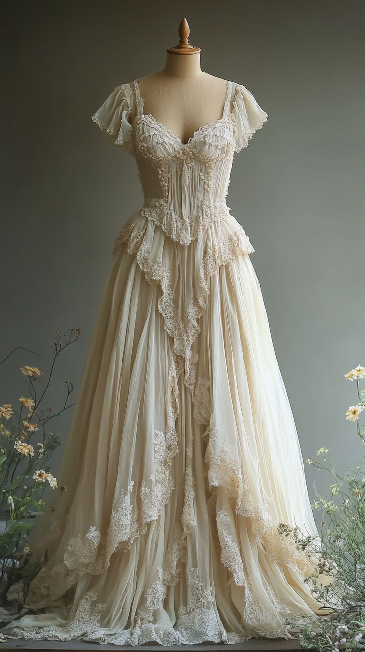 Retro Ivory A-Line Lace Chiffon Vintage Wedding Dress Evening Party Dress, D879