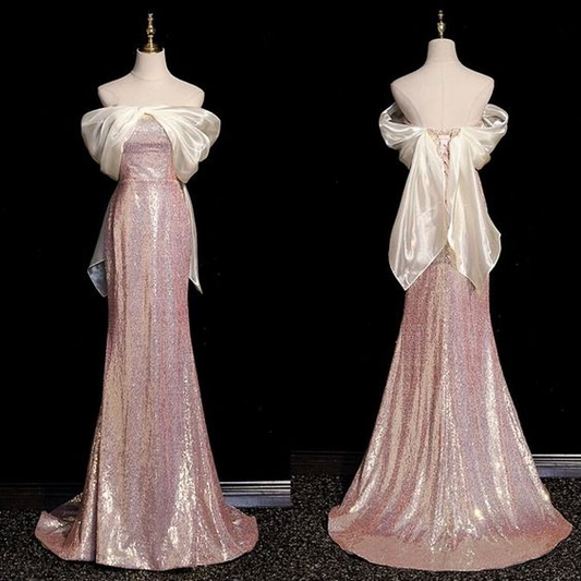 Robe de soirée longue sirène rose à paillettes et épaules dénudées MD7416