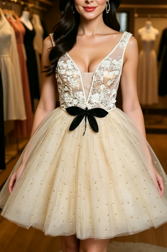 Unique Homecoming Dress V Neck Rinestone Bowknot Tulle Lace Applique Back to School Outfits Party Dress  D7678