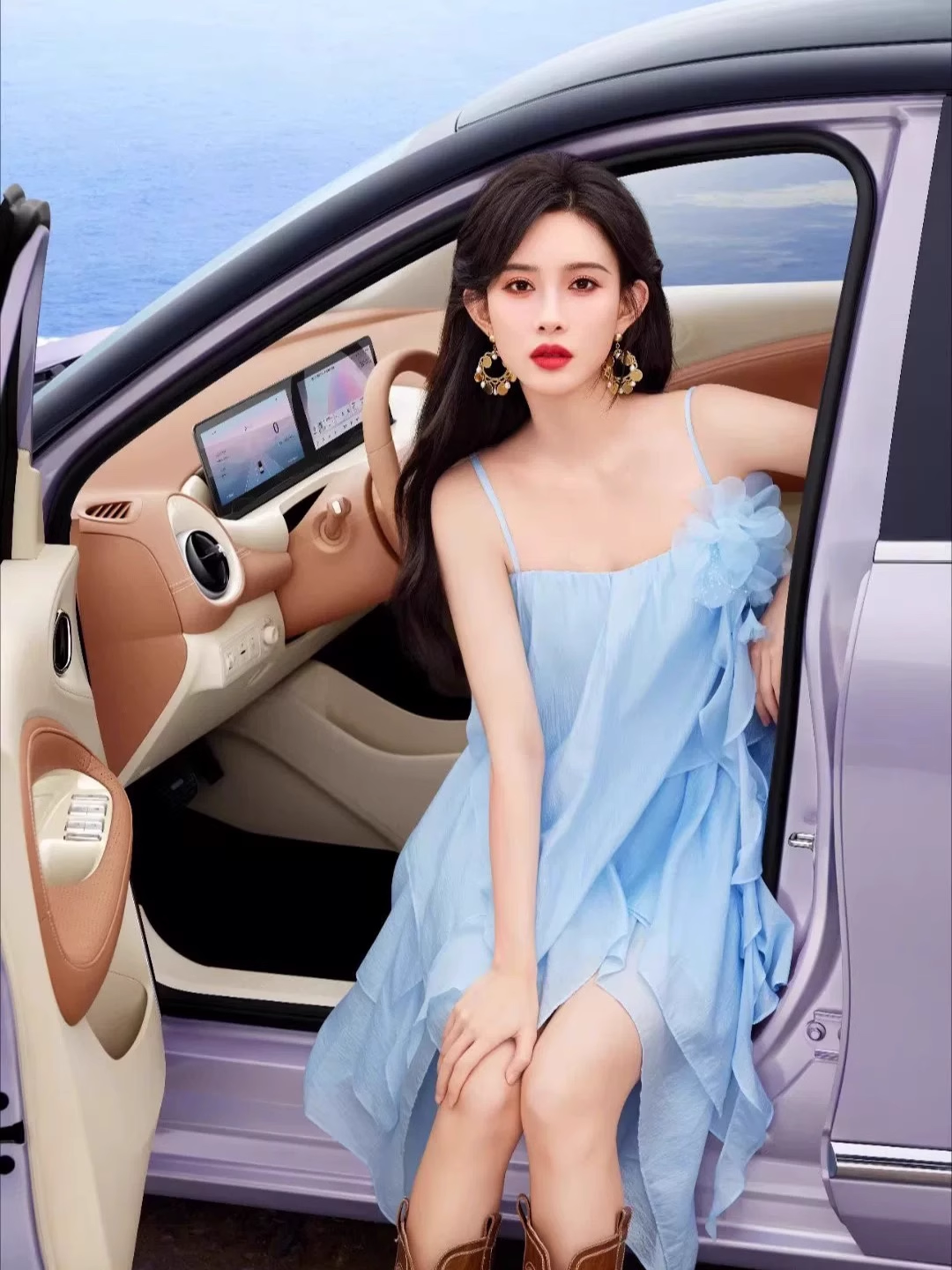 New Fashion Light Blue 3D Flower Spaghetti Strap Irregular Hem Design Summer Party Dress, D1444