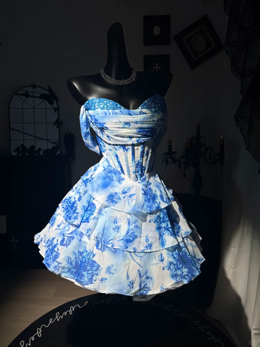 New Homecoming Dress Applique Cascade Sweetheart Back to School Outfits Party Dress D7590