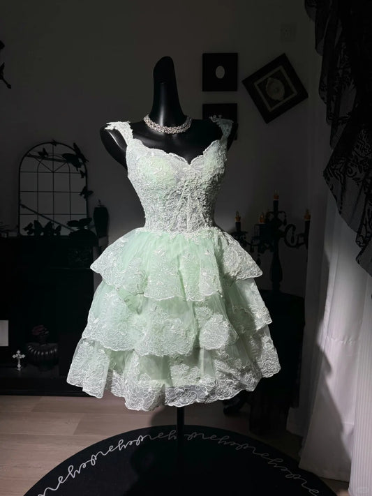 New Homecoming Dress V Neck Lace Applique Cascade Back to School Outfits Party Dress D7571
