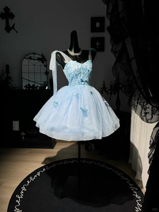 New Homecoming Dress Sweetheart Spaghetti Strap Butterfly Applique Tulle Back to School Outfits Party Dress D7592