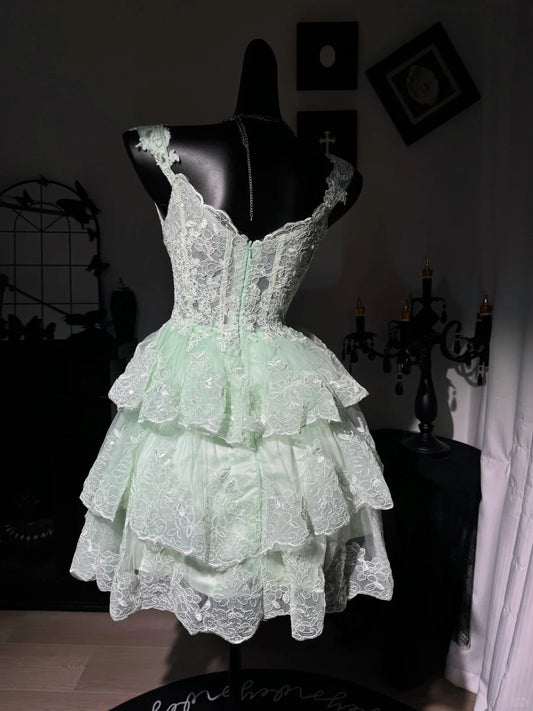 New Homecoming Dress V Neck Lace Applique Cascade Back to School Outfits Party Dress D7571