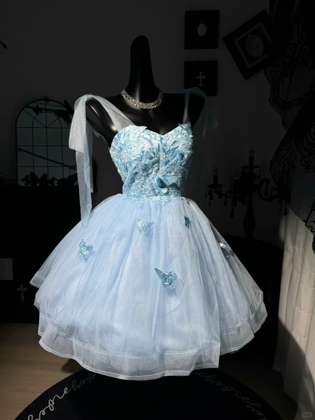 New Homecoming Dress Sweetheart Spaghetti Strap Butterfly Applique Tulle Back to School Outfits Party Dress D7592