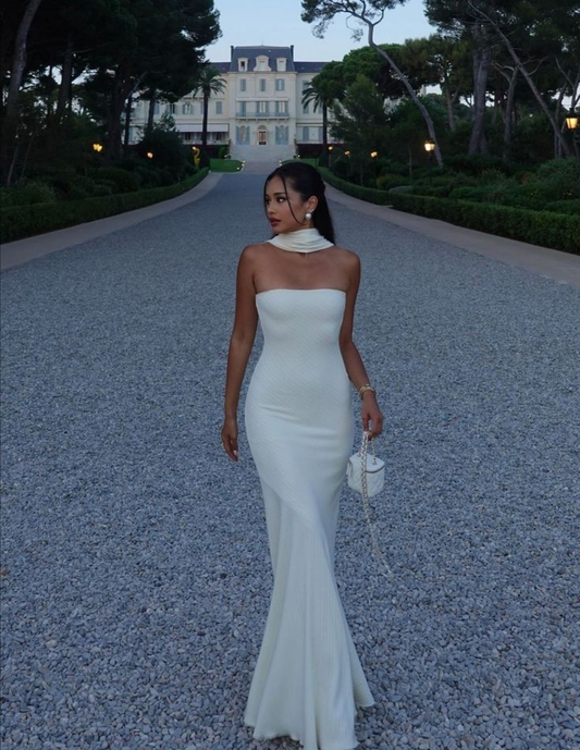 Elegant White Strapless Mermaid Long Evening Party Dress MD7421