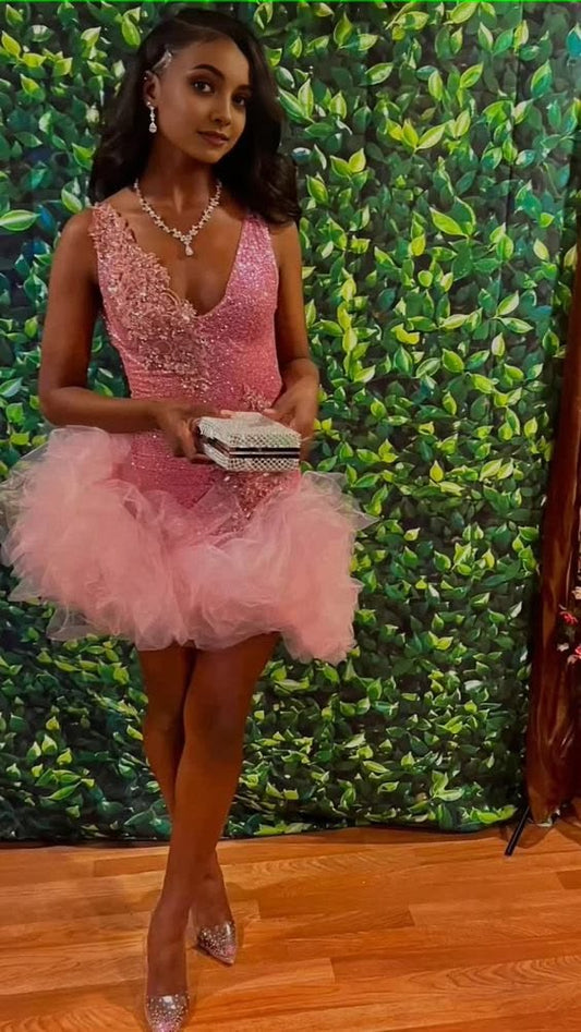 Stunning Homecoming Dress V Neck Applique Sequins Tulle Back to School Outfits Party Dress D6838