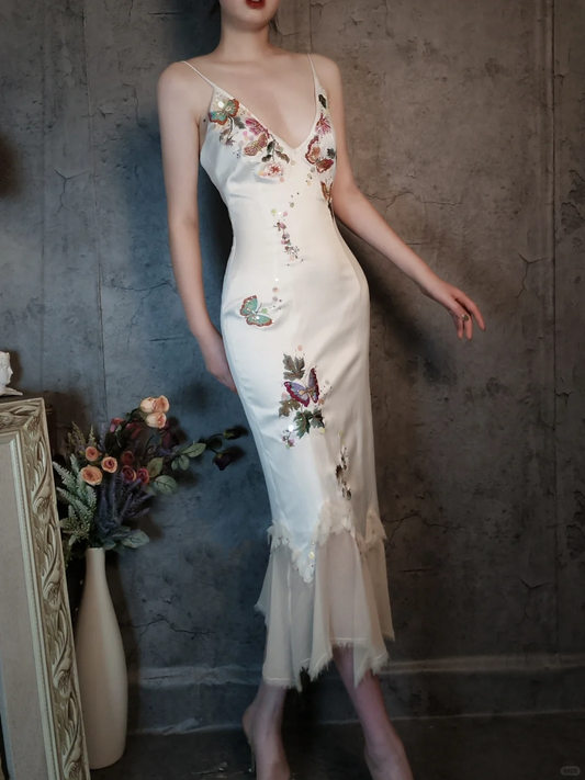Retro Ivory Spaghetti Straps Sheath Midi Party Dresses Cocktail Dresses, D1178