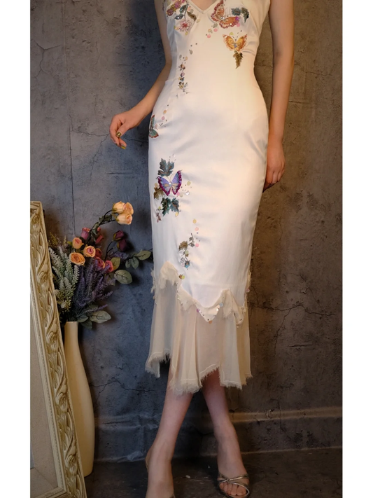Retro Ivory Spaghetti Straps Sheath Midi Party Dresses Cocktail Dresses, D1178