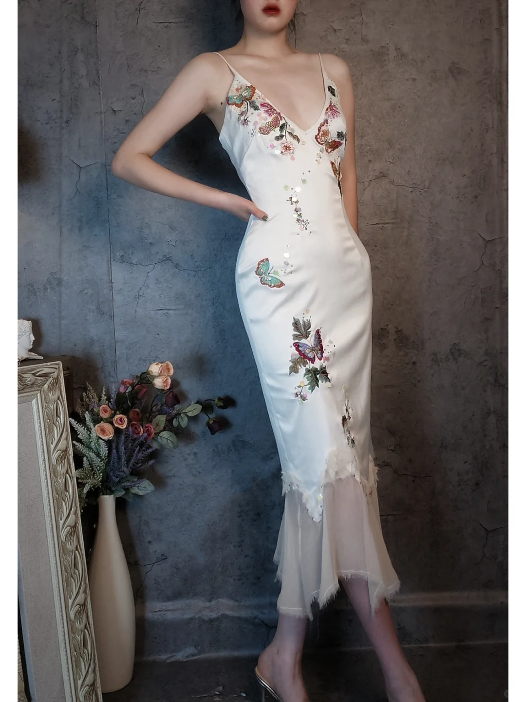 Retro Ivory Spaghetti Straps Sheath Midi Party Dresses Cocktail Dresses, D1178