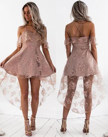Charming Homecoming Dress Off the Shoulder Spaghetti Strap Hi-Lo Applique Lace Back to School Outfits Party Dress  D7476