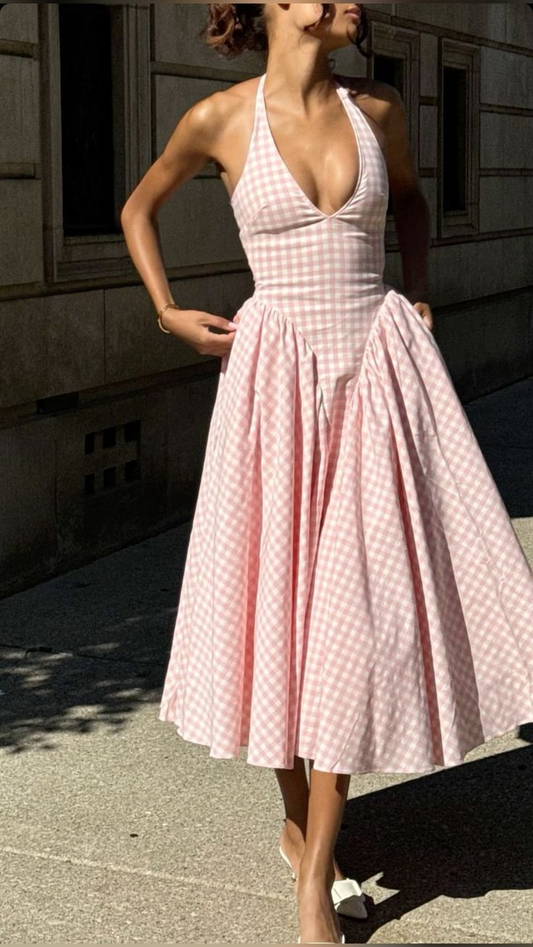 Pink Halter A-Line Long Party Dress Lovely Birthday Outfits, D188
