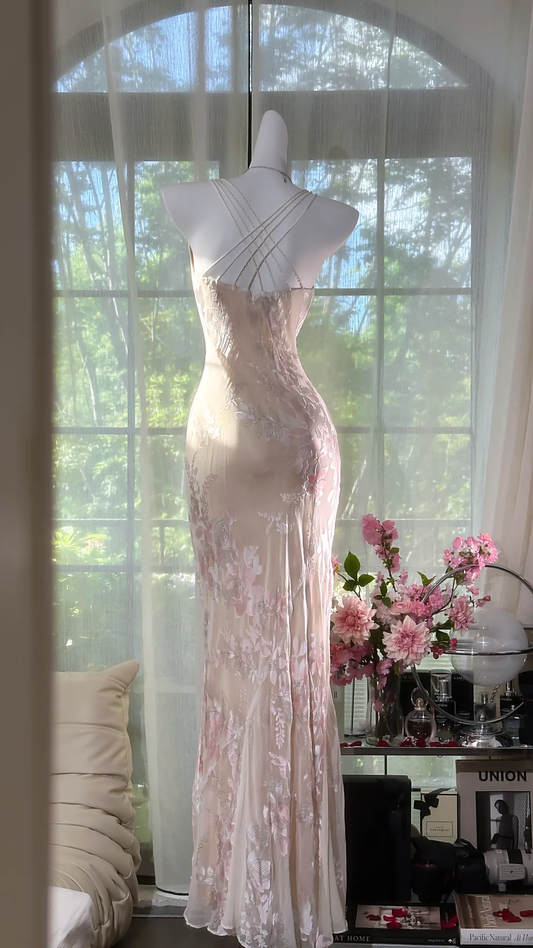 Elegant Light Pink Floral Applique Romantic Chiffon Evening Dress Prom Dresses D1610