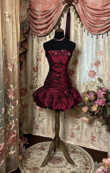 New Homecoming Dress Strapless Fold Flowers Rinestone Prom Dress Back to School Outfits Party Dress  D6144