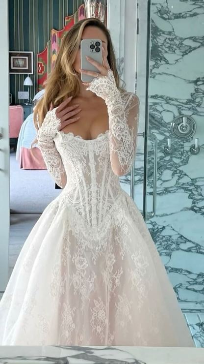 Elegant Long Sleeves White A-Line Lace Long Wedding Dress Bridal Dress, D954