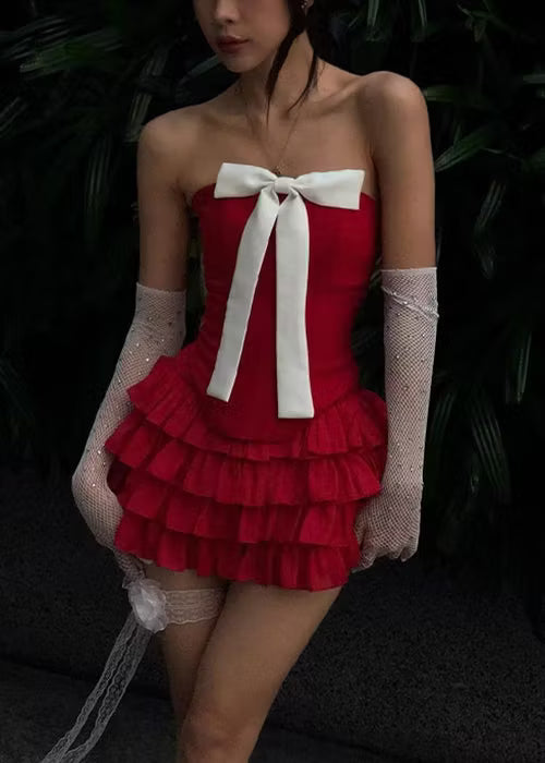 Charming Homecoming Dress Strapless Pleated Bowknot Cascade Two Pieces Back to School Outfits Party Dress  D7389
