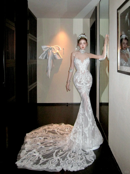 Elegant Glittering Beaded Sequined Applique Sweetheart Design Mermaid Wedding Dress Prom Dress Evening Dress D1718