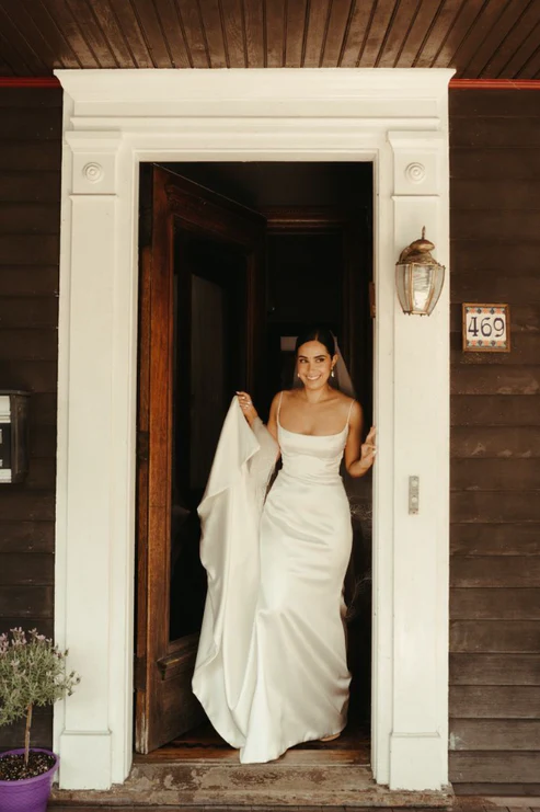 White Spaghetti Straps Satin Long Party Dress Light Wedding Dress MD7404