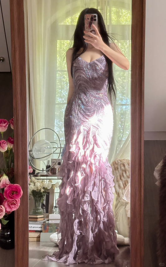 Vintage Purple Sparkling Strapless Design Elegant Chiffon Evening Dress Prom Dresses D1491