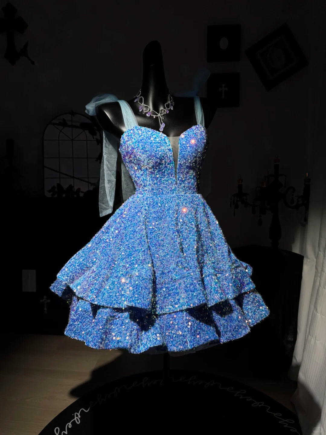 New Homecoming Dress V Neck Sequins Cascade Tulle Back to School Outfits Party Dress Birthday Dress D7574