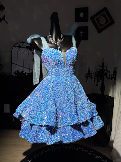 New Homecoming Dress V Neck Sequins Cascade Tulle Back to School Outfits Party Dress Birthday Dress D7574