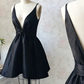Chic Homecoming Dress Deep V Neck Black Spaghetti Strap Pleated Back to School Outfits Party Dress D7524