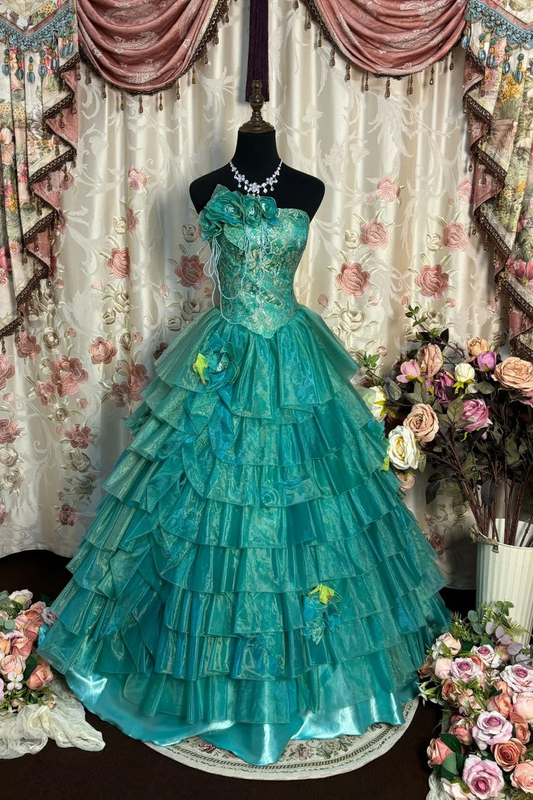 Retro Green Strapless A-Line Chiffon Tiered Long Prom Dress Birthday Ball Gown, D883