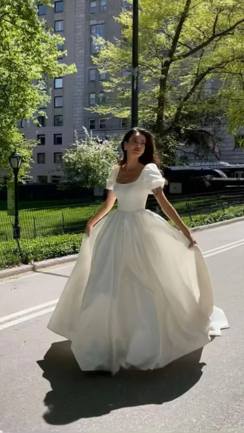 White A-Line Short Sleeves Satin Elegant Long Wedding Dress MD7510