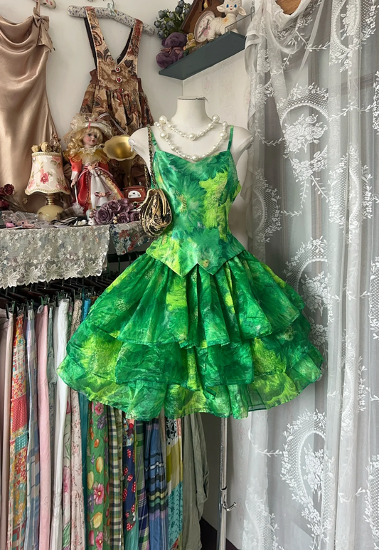 Vintage Green Exquisite Tie-dye Design A-Line Short Tiered Homecoming Dress Party Dress D1675