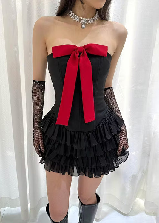 Charming Homecoming Dress Strapless Pleated Bowknot Cascade Two Pieces Back to School Outfits Party Dress  D7389