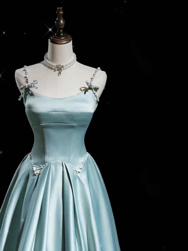 Light Blue Spaghetti Straps A-Line Satin Long Formal Party Dress MD7431