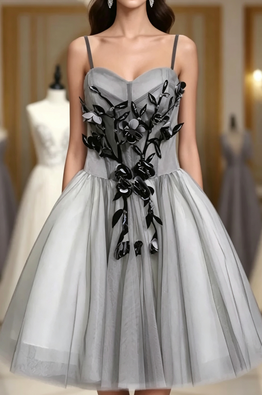 Unique Homecoming Dress Sweetheart Spaghetti Strap Flower Tulle Back to School Outfits Party Dress  D7701