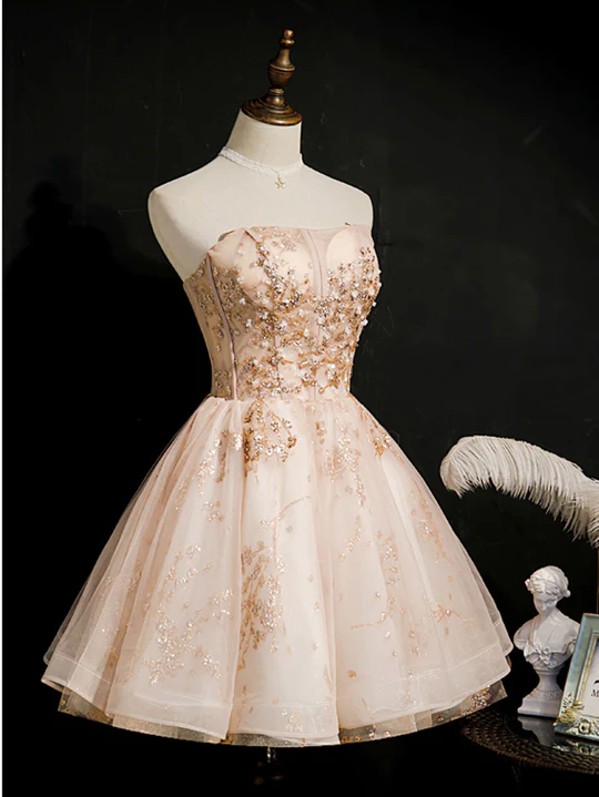 Vintage Champagne Applique Beaded Strapless Design A-line Tulle Party Dress Homecoming Dress D1555