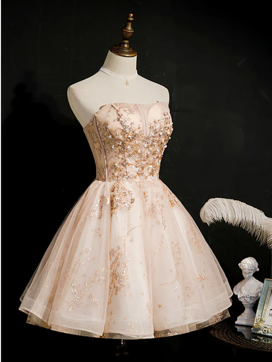 Vintage Champagne Applique Beaded Strapless Design A-line Tulle Party Dress Homecoming Dress D1555