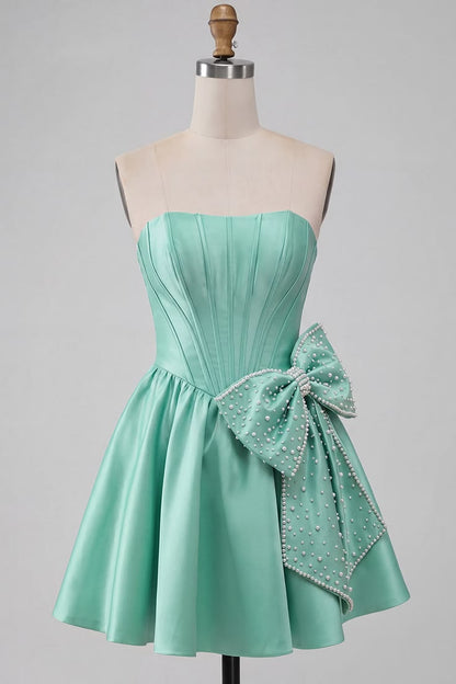 Unique Homecoming Dress Strapless Pearl Bowknot Back to School Outfits Party Dress  D7742