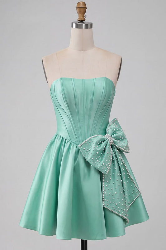 Unique Homecoming Dress Strapless Pearl Bowknot Back to School Outfits Party Dress  D7742