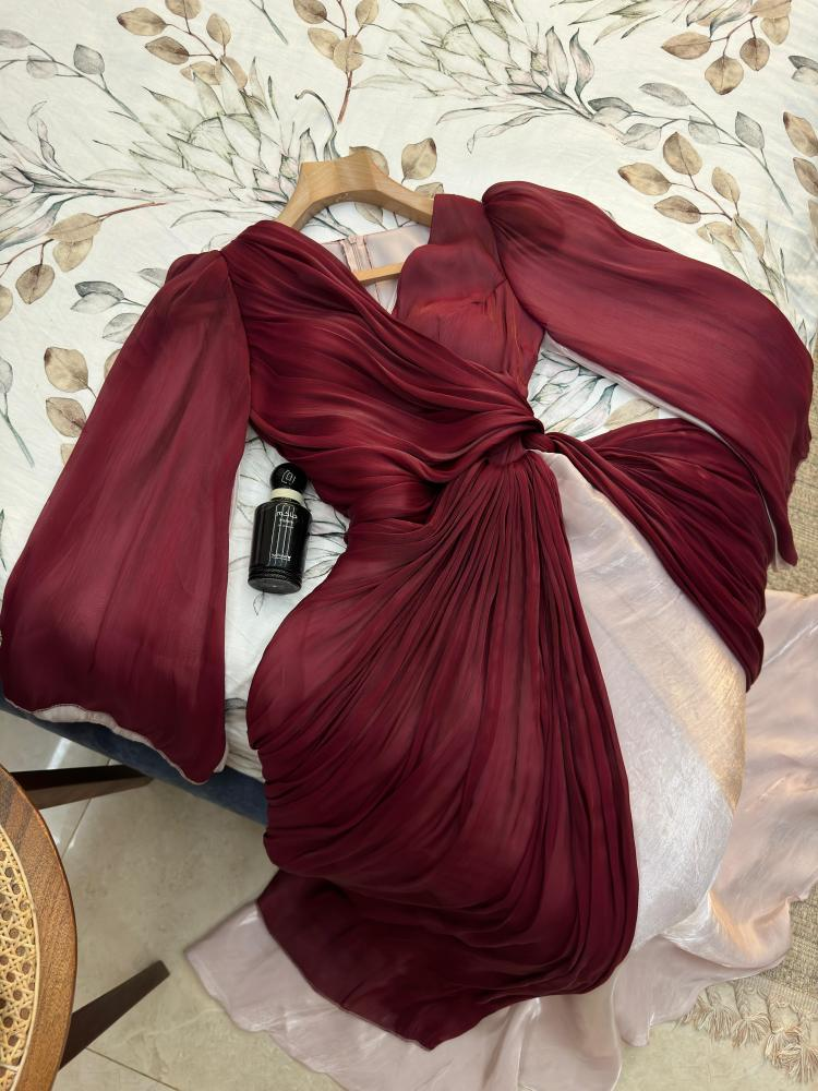 Modest Burgundy Long Sleeves A-Line Chiffon Long Evening Party Dress MD7379